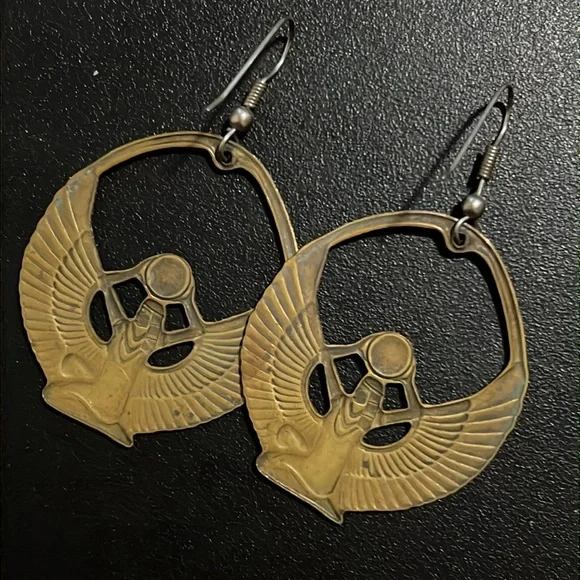 Vintage Art Deco Gold Brass Egyptian Goddess Eye Of Isis Deity Earrings - Picture 12 of 13